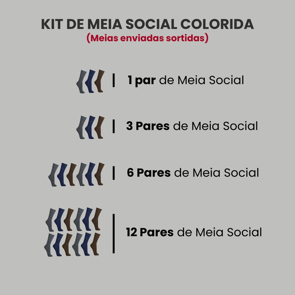 Kit 12 Pares de Meia Social | Preto, Cinza, Marrom Azul | Uso com ternos, roupas sociais e casuais.