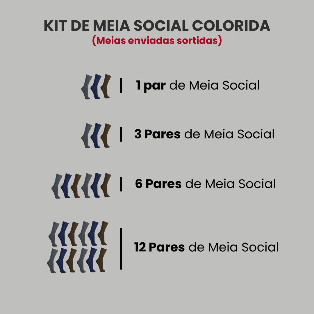 Kit 12 Pares de Meia Social | Preto, Cinza, Marrom Azul | Uso com ternos, roupas sociais e casuais.